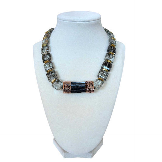 Short Necklace with Black Onyx & Quartz Pars sold at Aqualta