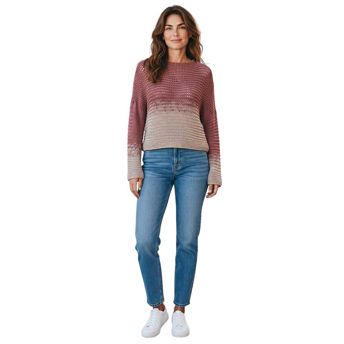 Chiara Toffanin women’s cropped silk knit sweater in rose and sand tones.