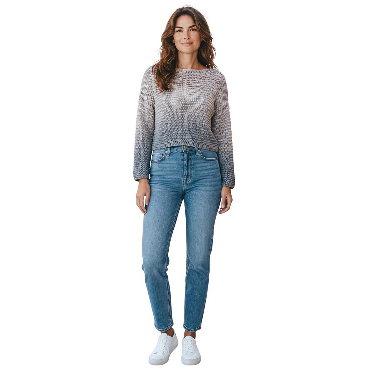 Chiara Toffanin women’s cropped silk knit sweater in sand and dusty blue tones.