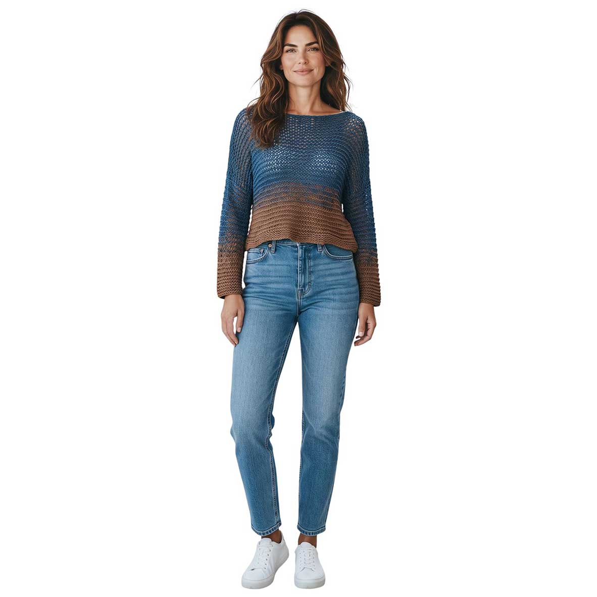 Chiara Toffanin women’s cropped knit sweater in teal blue and tobacco brown tones.