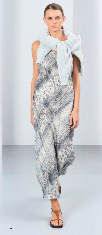 Midi Slip Silk Dress Blue snake print Sand Sold at Aqualta 2
