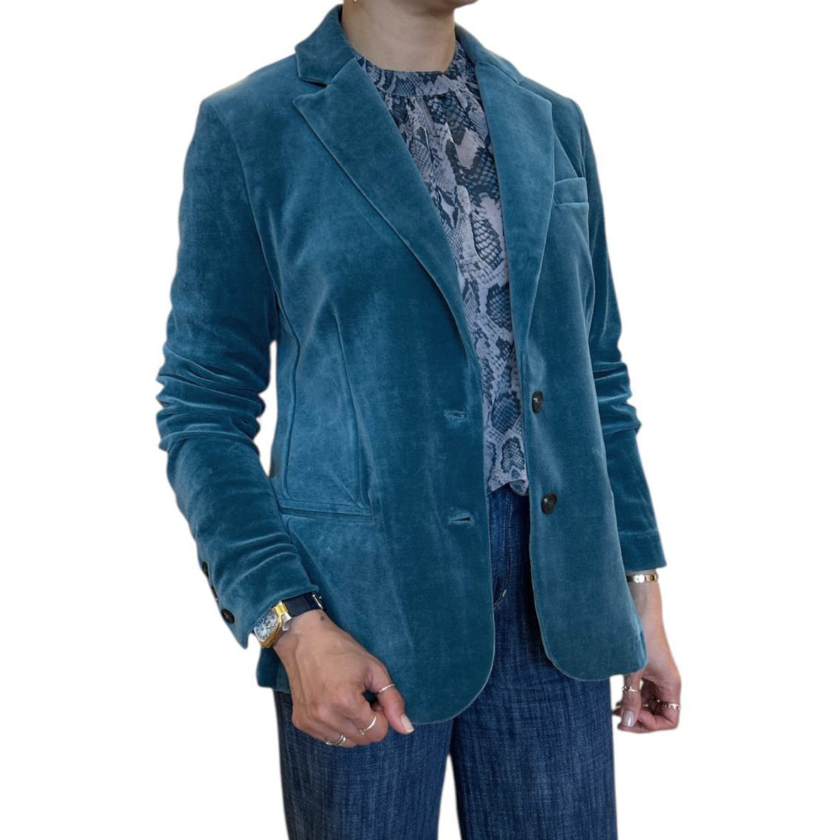 Women wearing our Single breast Velvet Blazer Teal for women Goodmatch sold at Aqualta