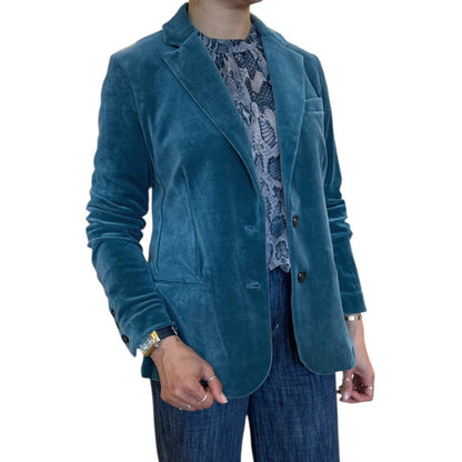Women wearing our Single breast Velvet Blazer Teal for women Goodmatch sold at Aqualta