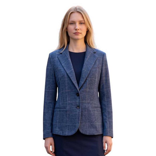 Blue checkered single-breasted jacket for women by Goodmatch with notch lapels and two-button closure, sold at Aqualta.