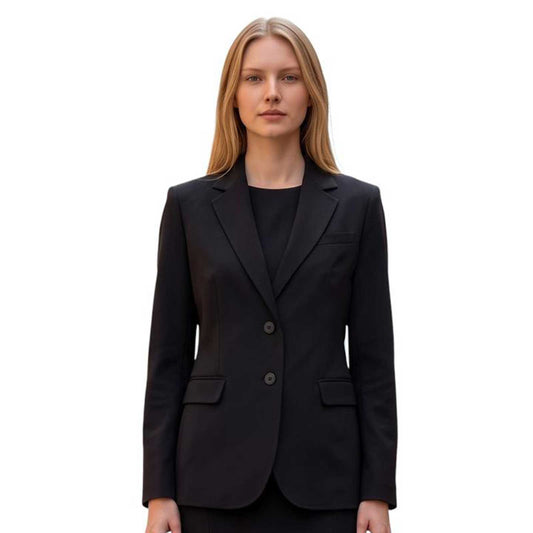 Black single-breasted stretch jacket for women by Goodmatch with notch lapels and two-button closure, sold at Aqualta.