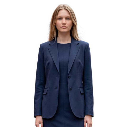 Navy single-breasted stretch jacket for women by Goodmatch with notch lapels and two-button closure, sold at Aqualta.