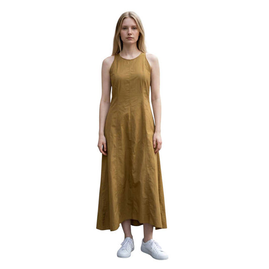 Woman wearing a Sleeveless long cotton dress Olive Green Caliban Sold at Aqualta 2