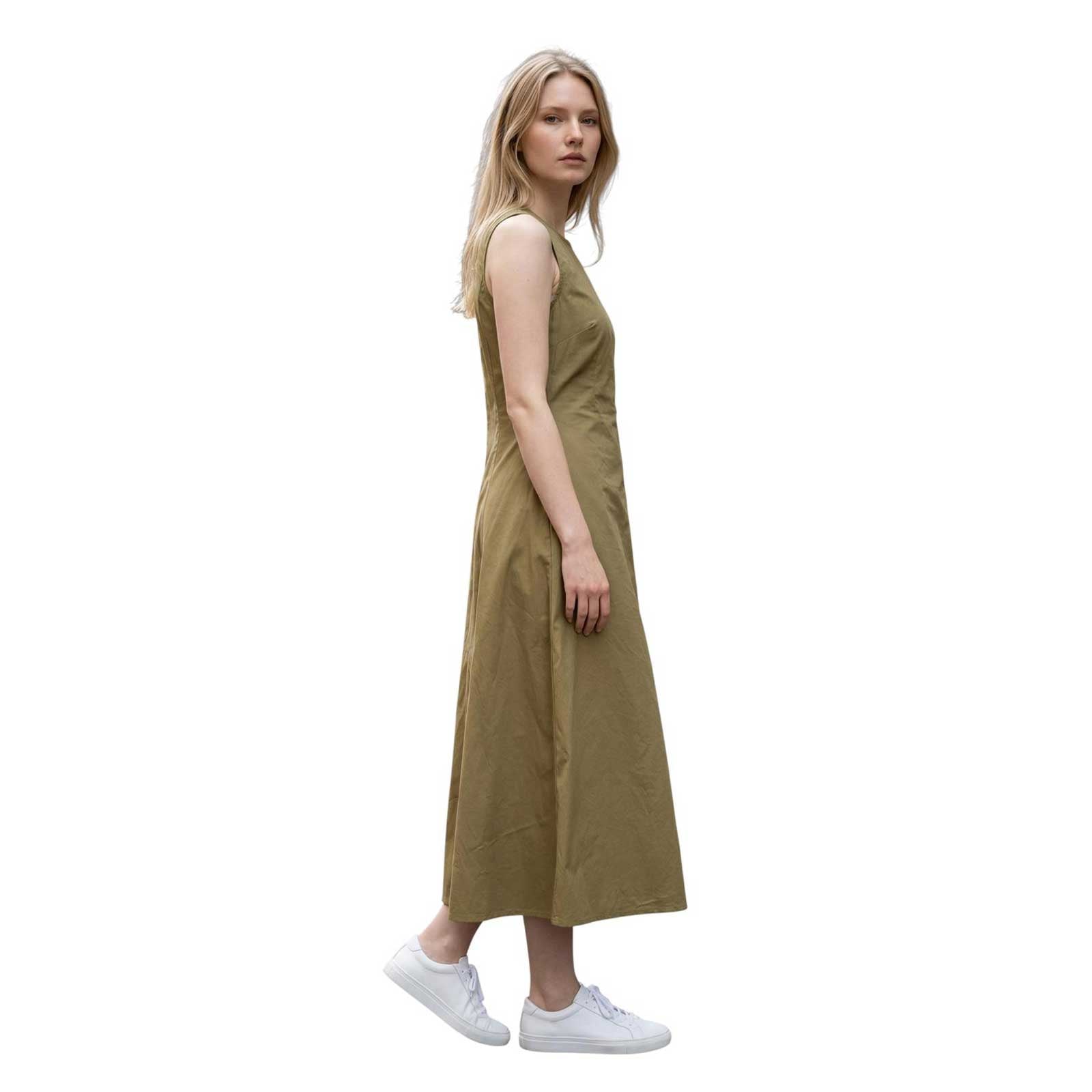 Woman wearing a Sleeveless long cotton dress Olive Green Caliban Sold at Aqualta