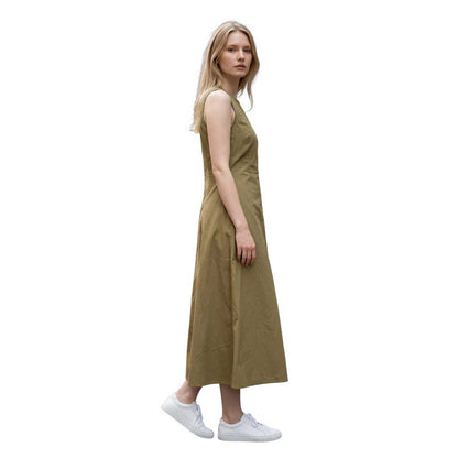 Woman wearing a Sleeveless long cotton dress Olive Green Caliban Sold at Aqualta