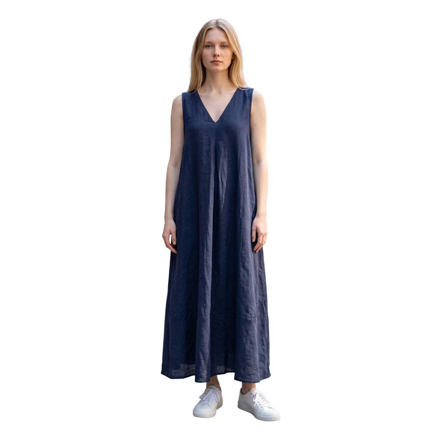 Sleeveless long linen dress Navy Caliban sold at Aqualta