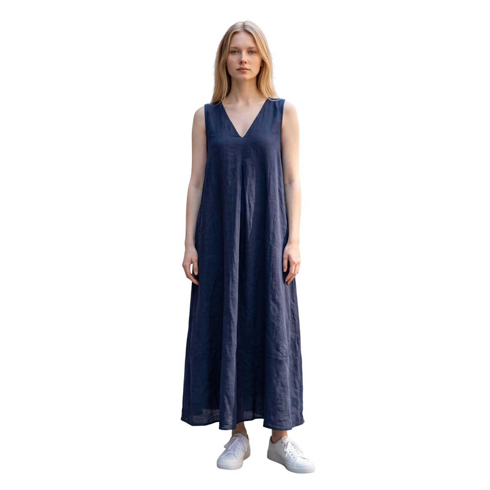 Sleeveless long linen dress Navy Caliban sold at Aqualta
