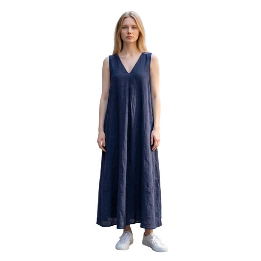 Sleeveless long linen dress Navy Caliban sold at Aqualta