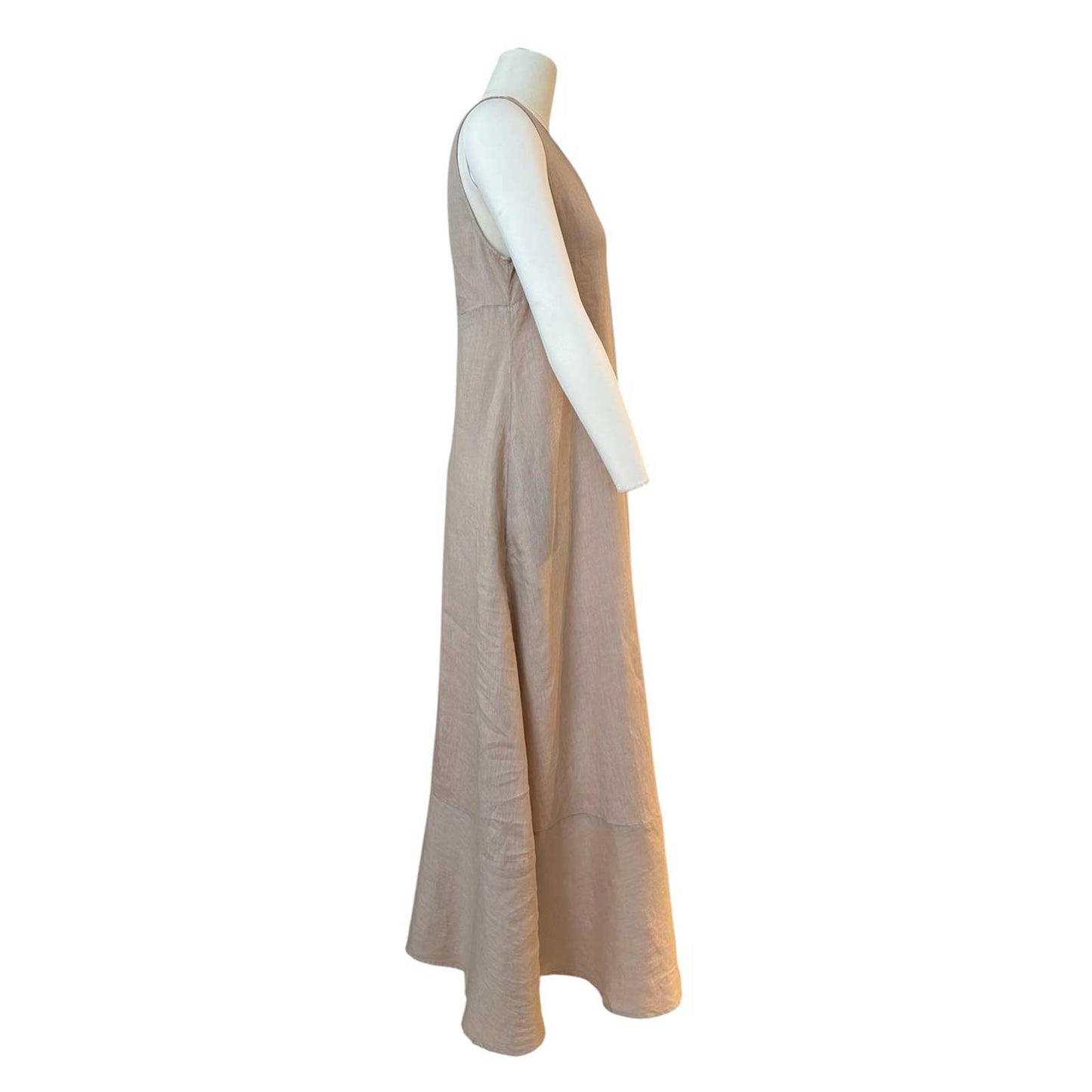 Woman wearing a Sleeveless long linen dress Sand Caliban Sold at Aqualta 2