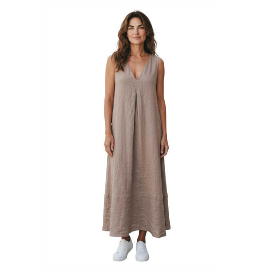 Woman wearing a Sleeveless long linen dress Sand Caliban Sold at Aqualta