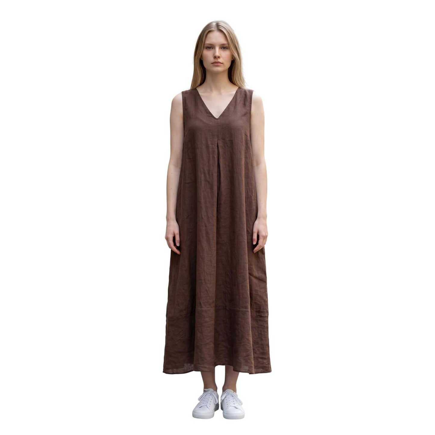 Sleeveless long linen dress Brown Caliban sold at Aqualta