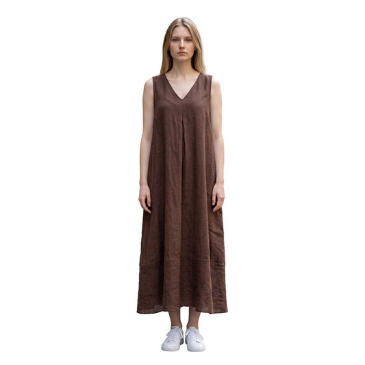 Sleeveless long linen dress Brown Caliban sold at Aqualta