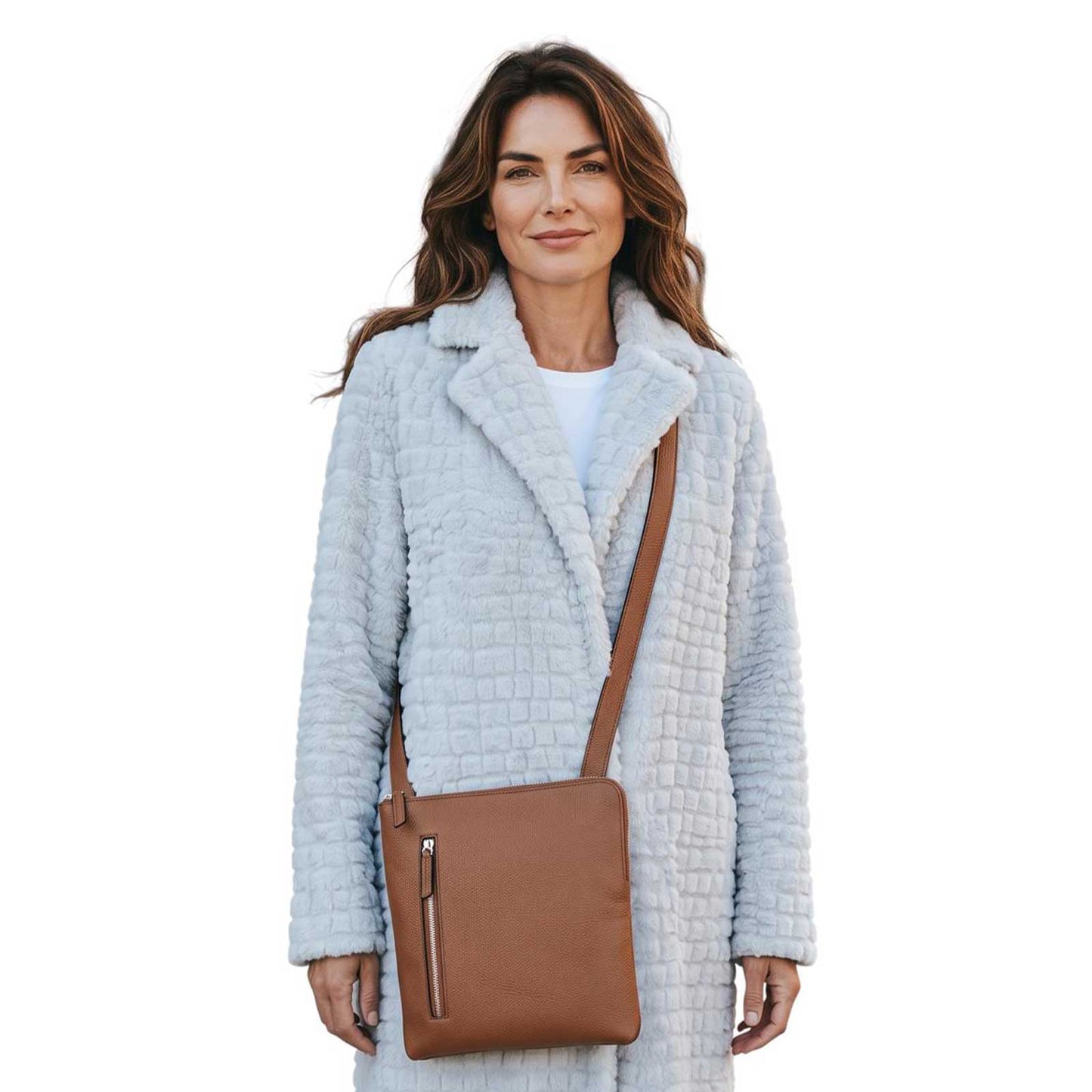 Slim Crossbody Cognac with zipper for women Biagini sold at Aqualta