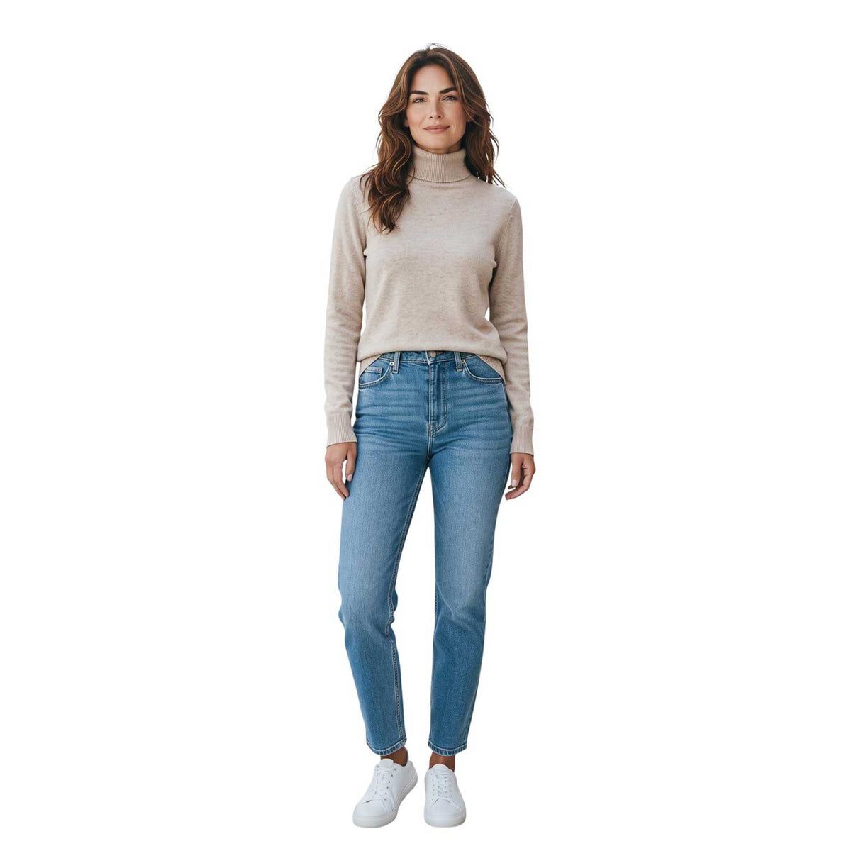 Sand beige cashmere essential turtleneck with slim fit, available at Aqualta.