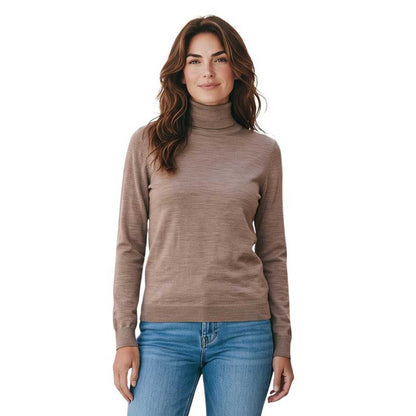 Women’s camel slim fit turtleneck sweater by Sand, sold at Aqualta.