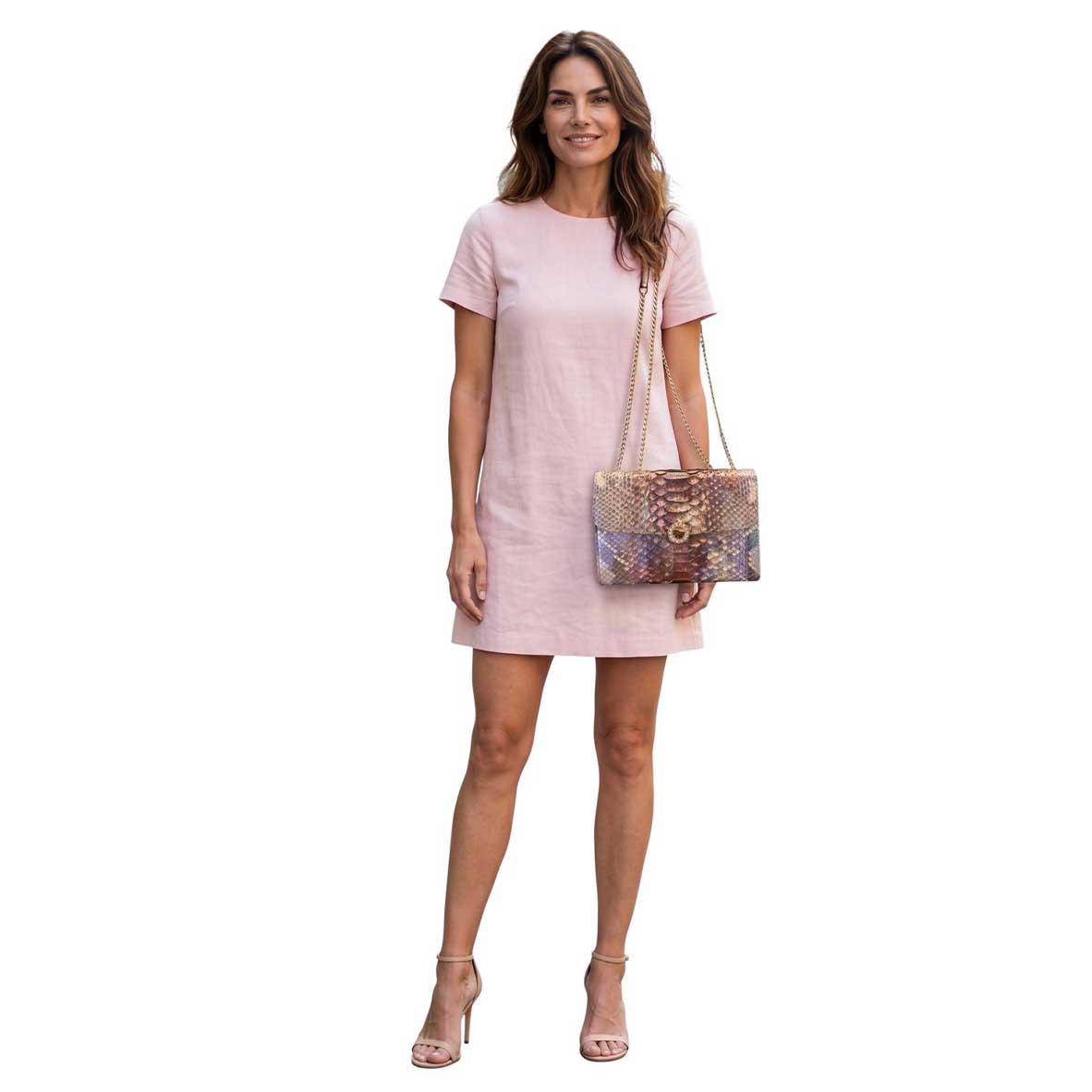 Woman wearing a Small Gold Chain Shoulder Bag Rose Chagall Python Biagini sold at Aqualta
