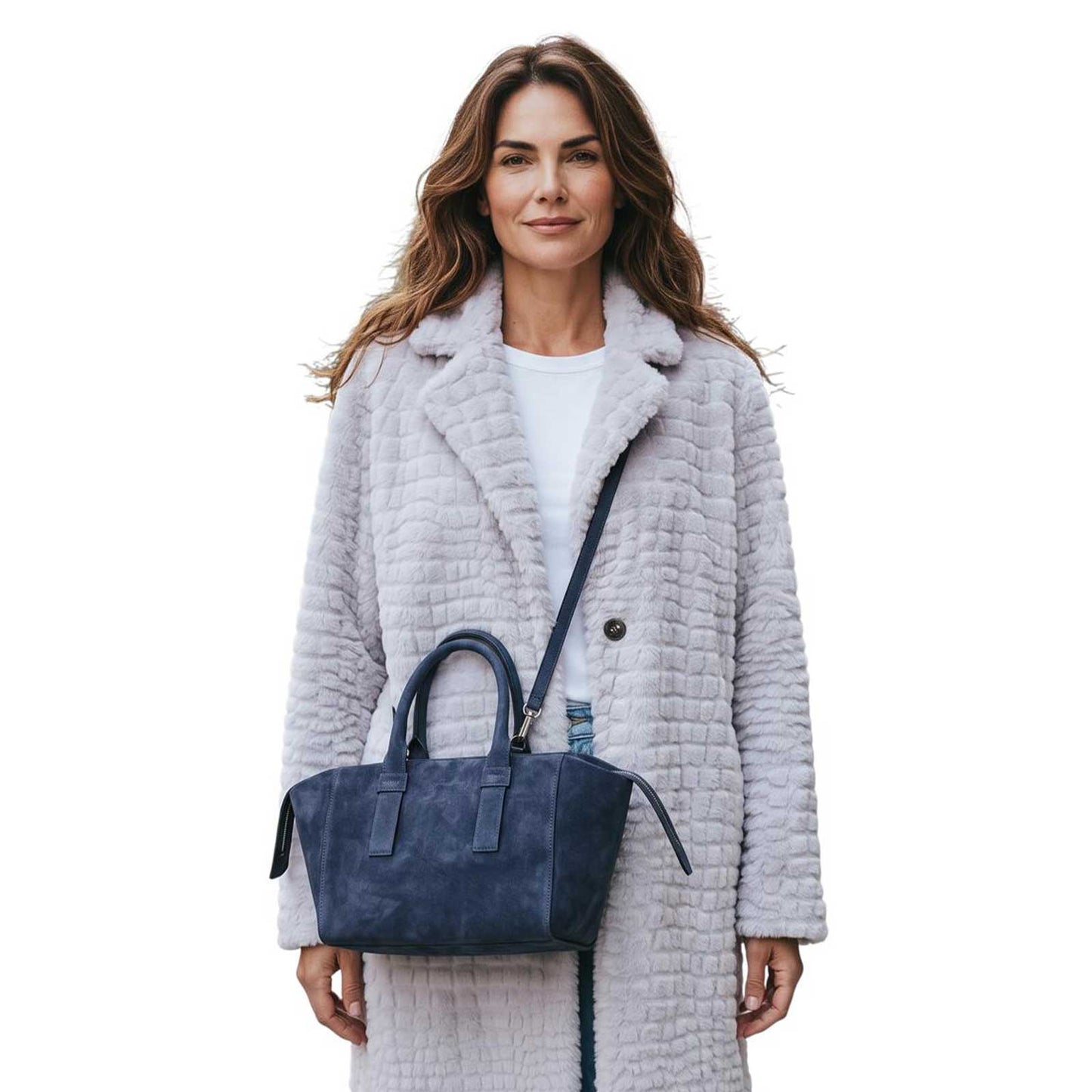 A woman wearing a Small Suede satchel Blue Biagini sold at Aqualta