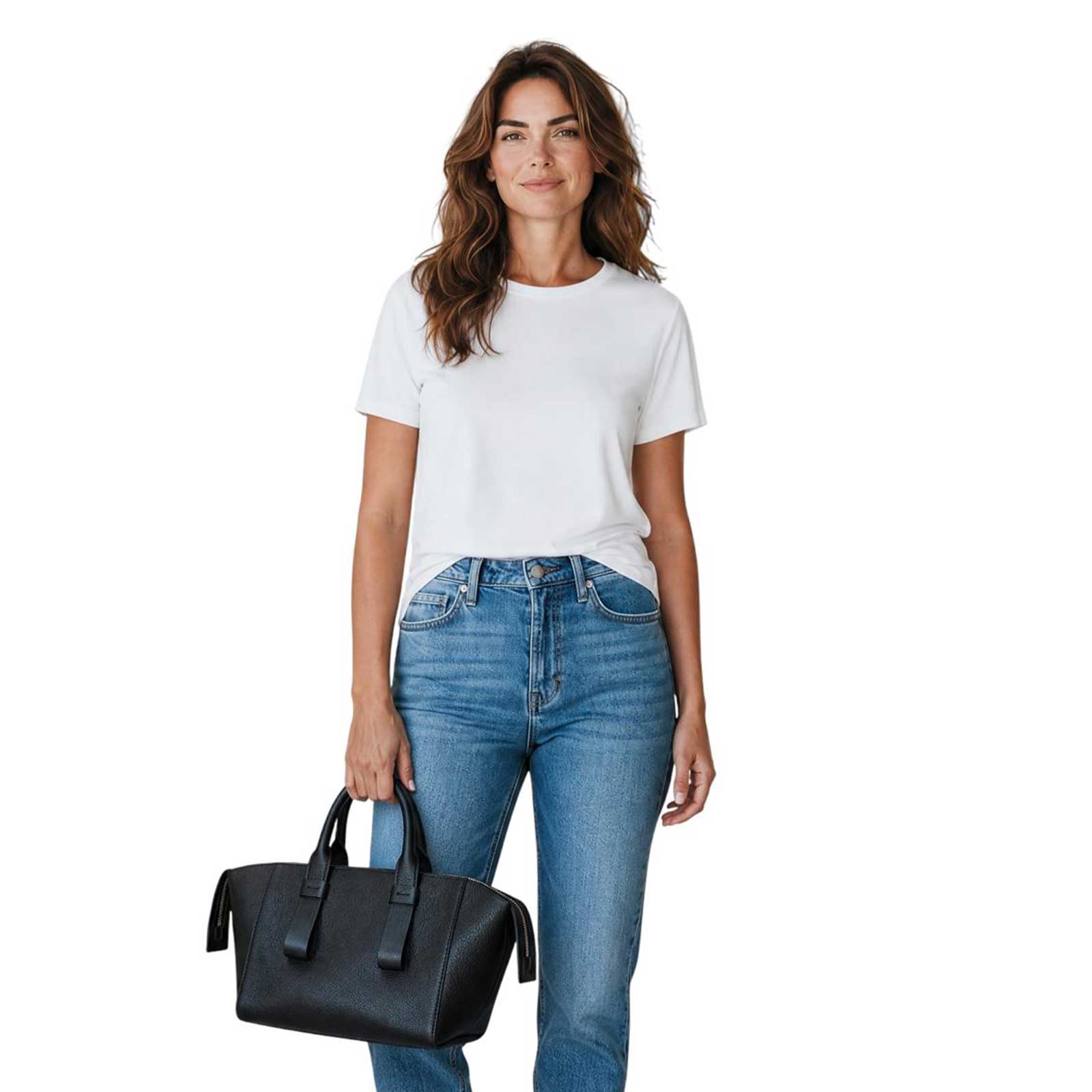 A woman modeling a Small leather satchel Black Biagini sold at Aqualta