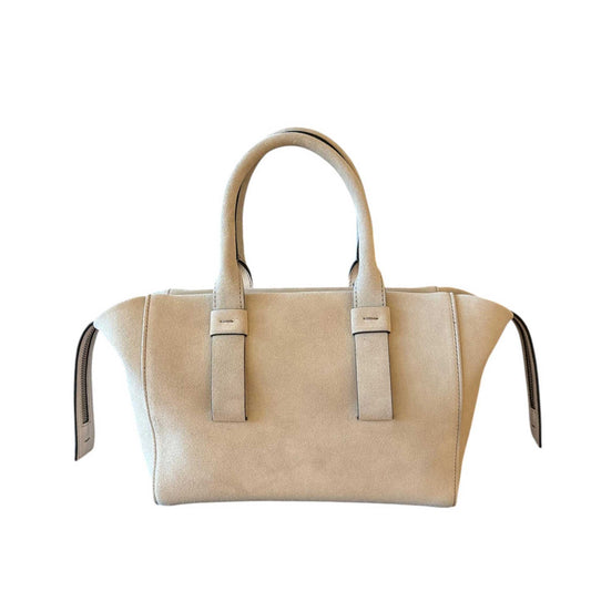 Biagini small leather satchel handbag in sand suede, available at Aqualta.