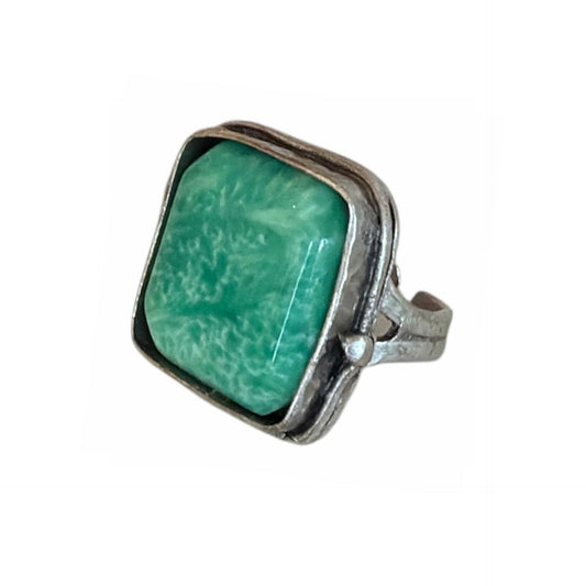 Square Green Jade Marble glass Cabochon on Silver Ring Peggy Goodman Sold at Aqualta