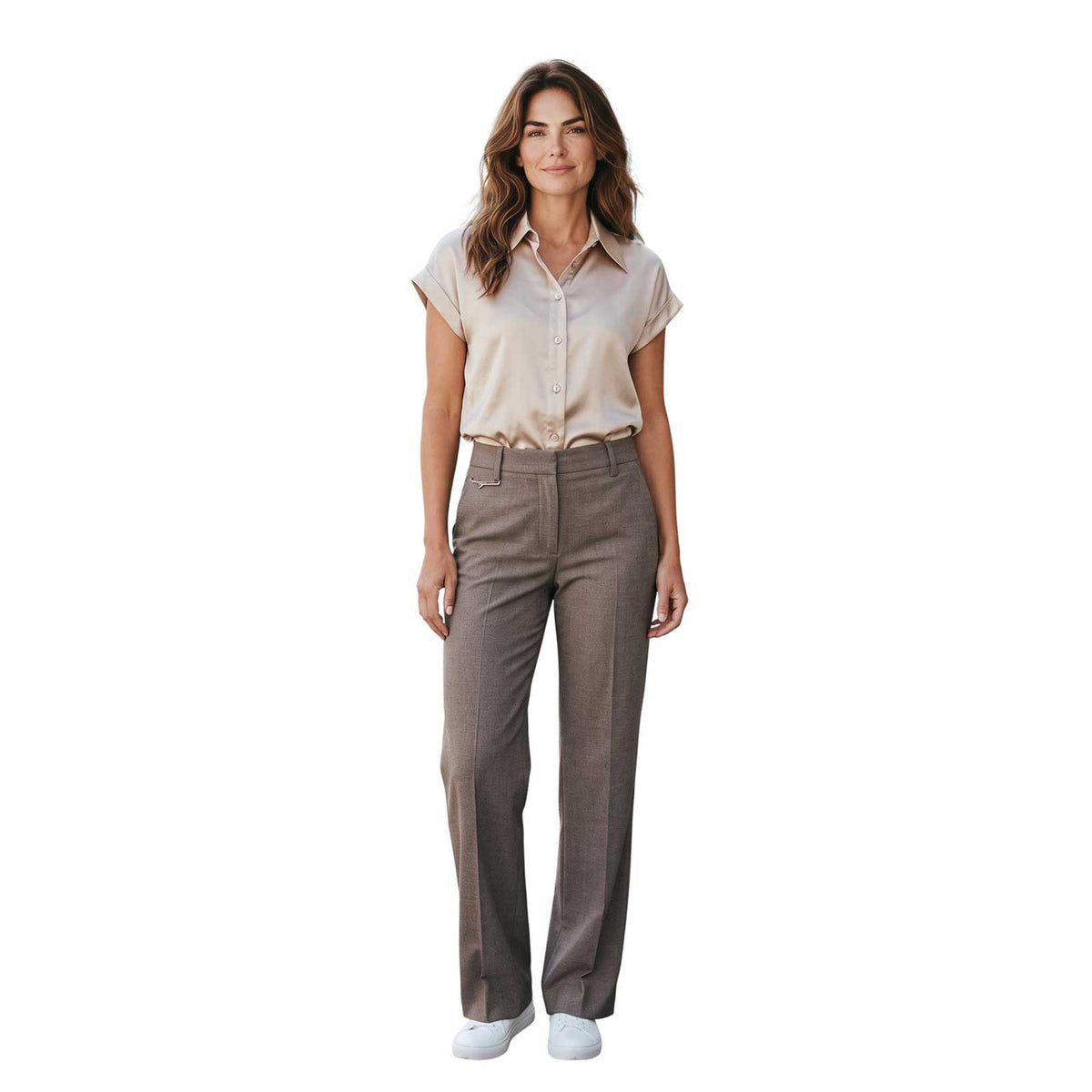 Women’s taupe straight leg trousers by Sand, sold at Aqualta, featuring a clean high-waist design and refined finish.