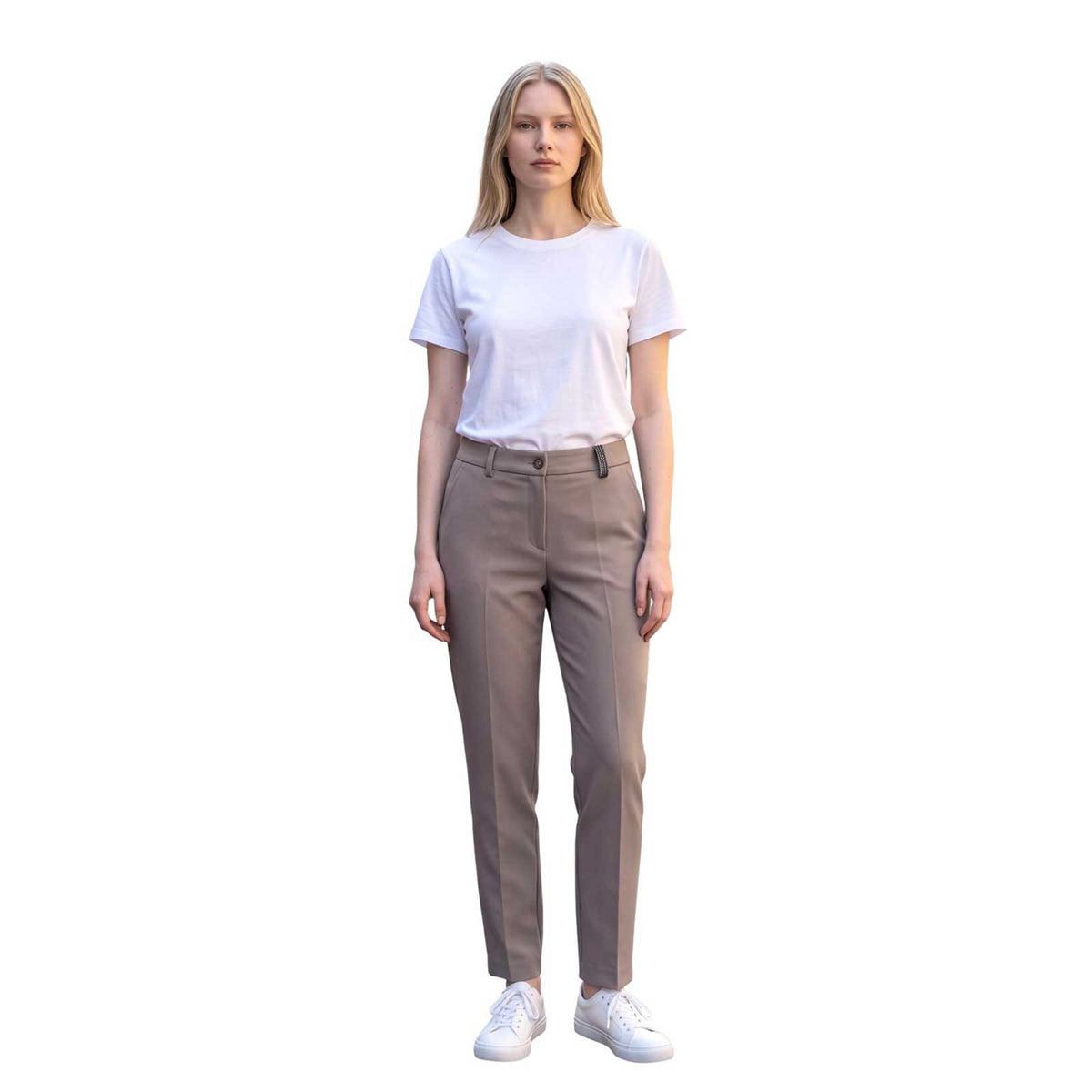 Women’s sculpted straight-leg taupe pants by Rocco Ragni at Aqualta.