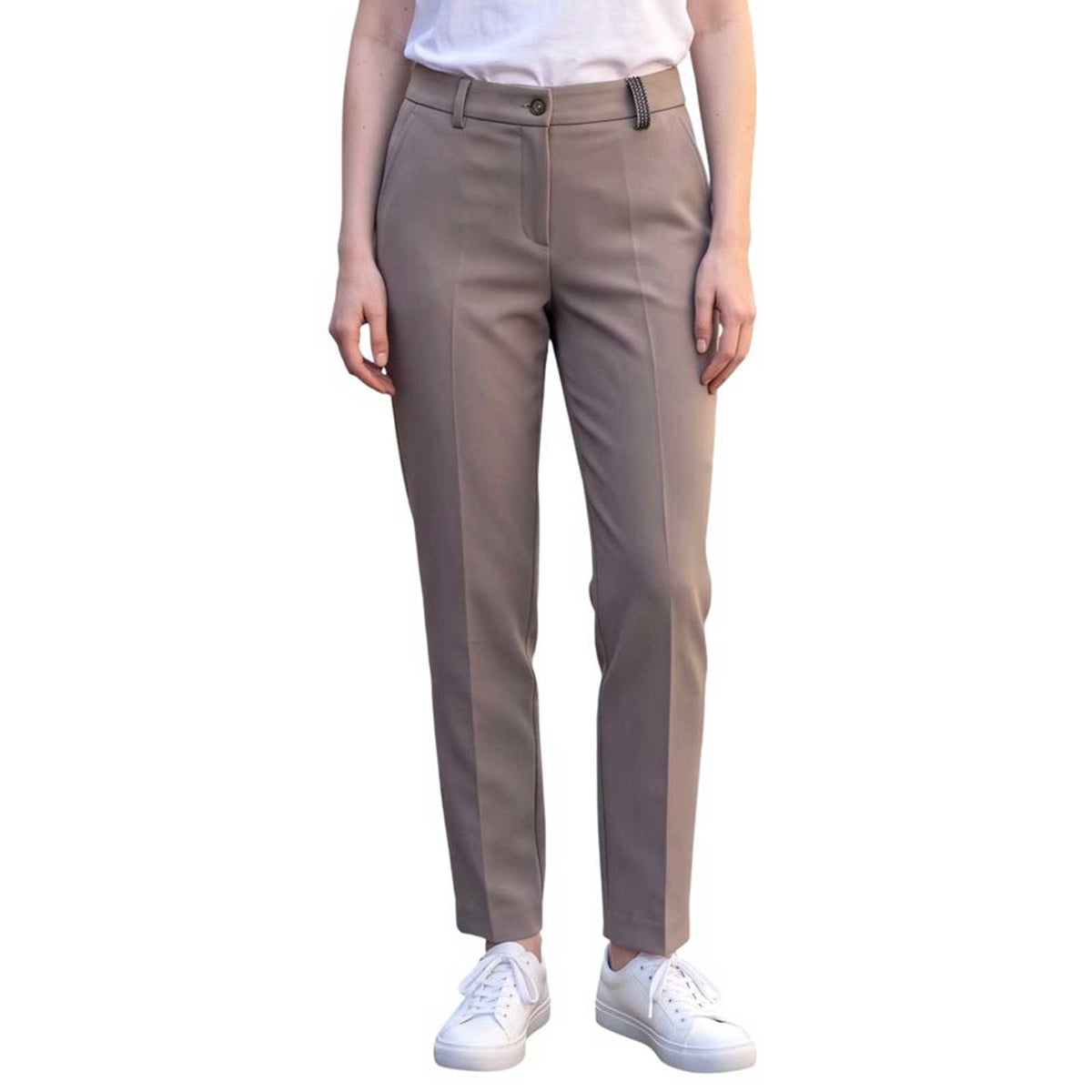 Women’s taupe straight-leg sculpted trousers by Rocco Ragni, sold at Aqualta.