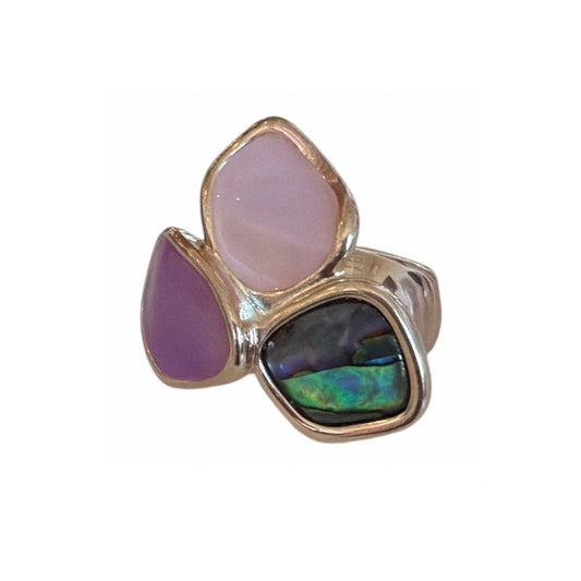 Ring with pink, purple, and multicolored stone on a white background Stretch Lacquer Ring sold at Aqualta 