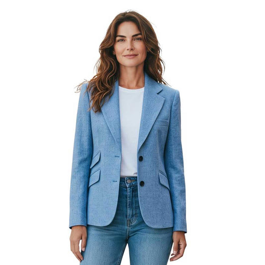 Sand Structured Blazer in Sky Blue styled with jeans and a white top, available at Aqualta.