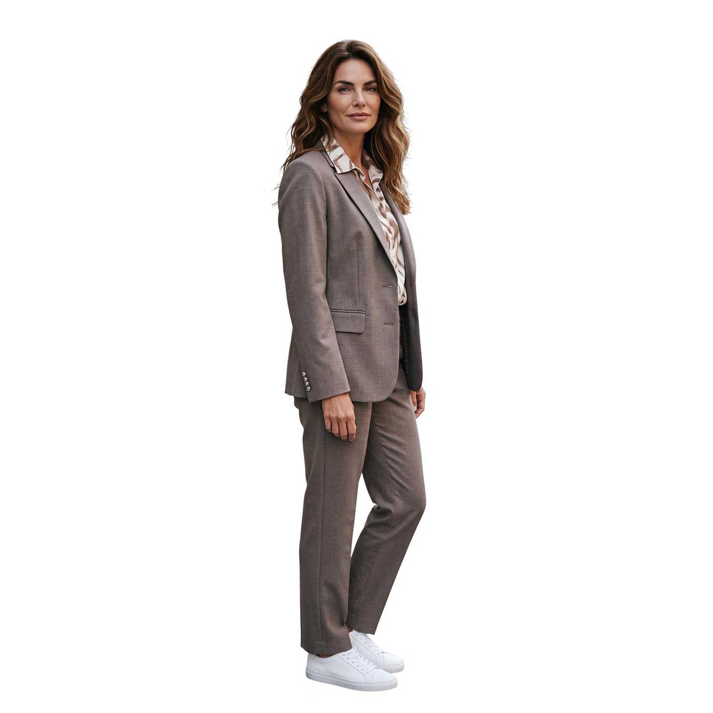 Tailored taupe blazer by Sand, sold at Aqualta, styled as part of an elegant matching suit set.