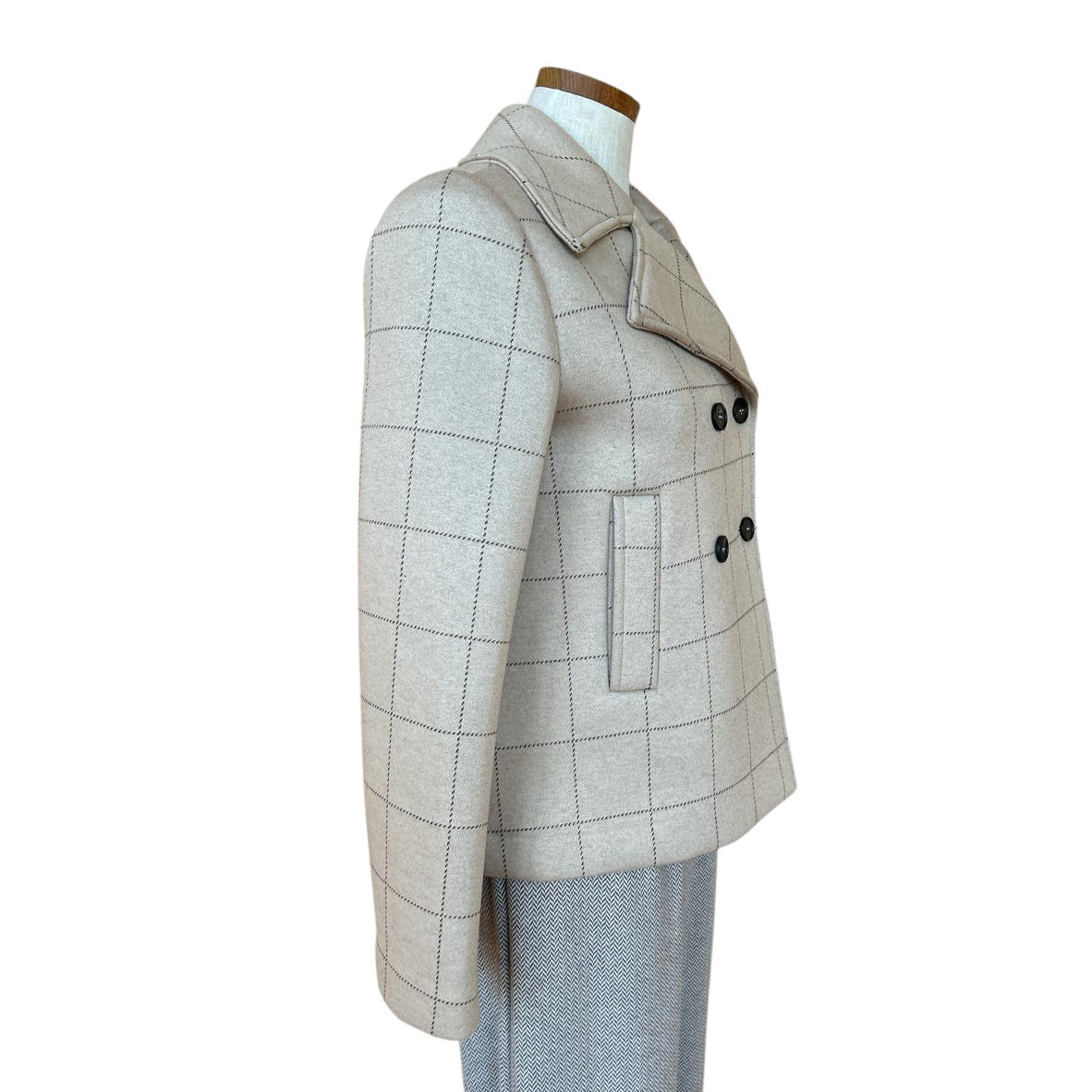 Beige Checkered coat Goodmatch for women on a mannequin against a white background sold at Aqualta