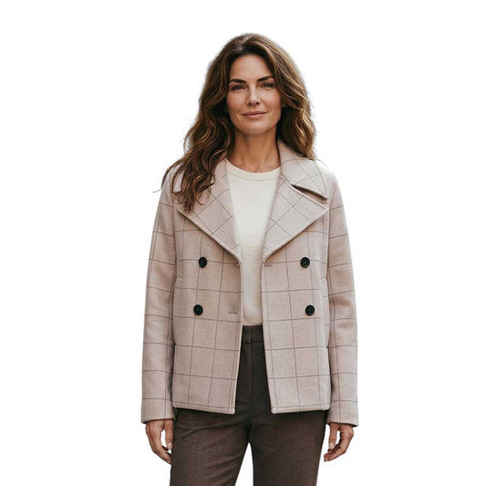 Woman wearing Plaid patterned coat on a mannequin against a white background Sold at Aqualta
