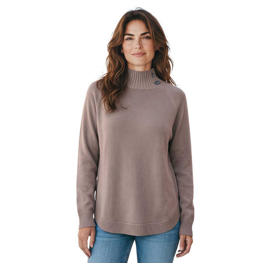 Women’s taupe mock neck knitted sweater with curved hem by Rocco Ragni, sold at Aqualta.