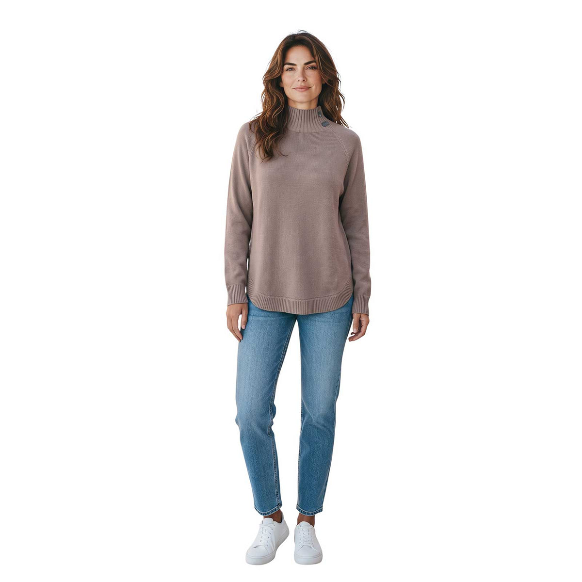 Women’s long-sleeve taupe mock neck sweater with soft knit texture by Rocco Ragni at Aqualta.