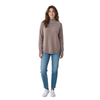 Women’s long-sleeve taupe mock neck sweater with soft knit texture by Rocco Ragni at Aqualta.