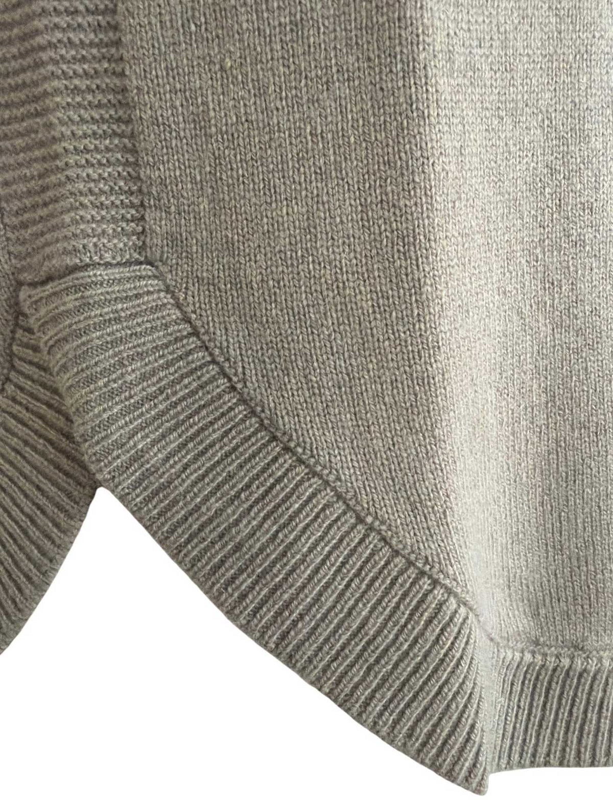 Front view of Rocco Ragni taupe mock neck knitted sweater with curved hem, available at Aqualta.