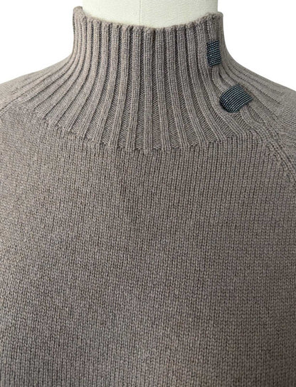Rocco Ragni taupe knit sweater with mock neck and curved hem, available at Aqualta.