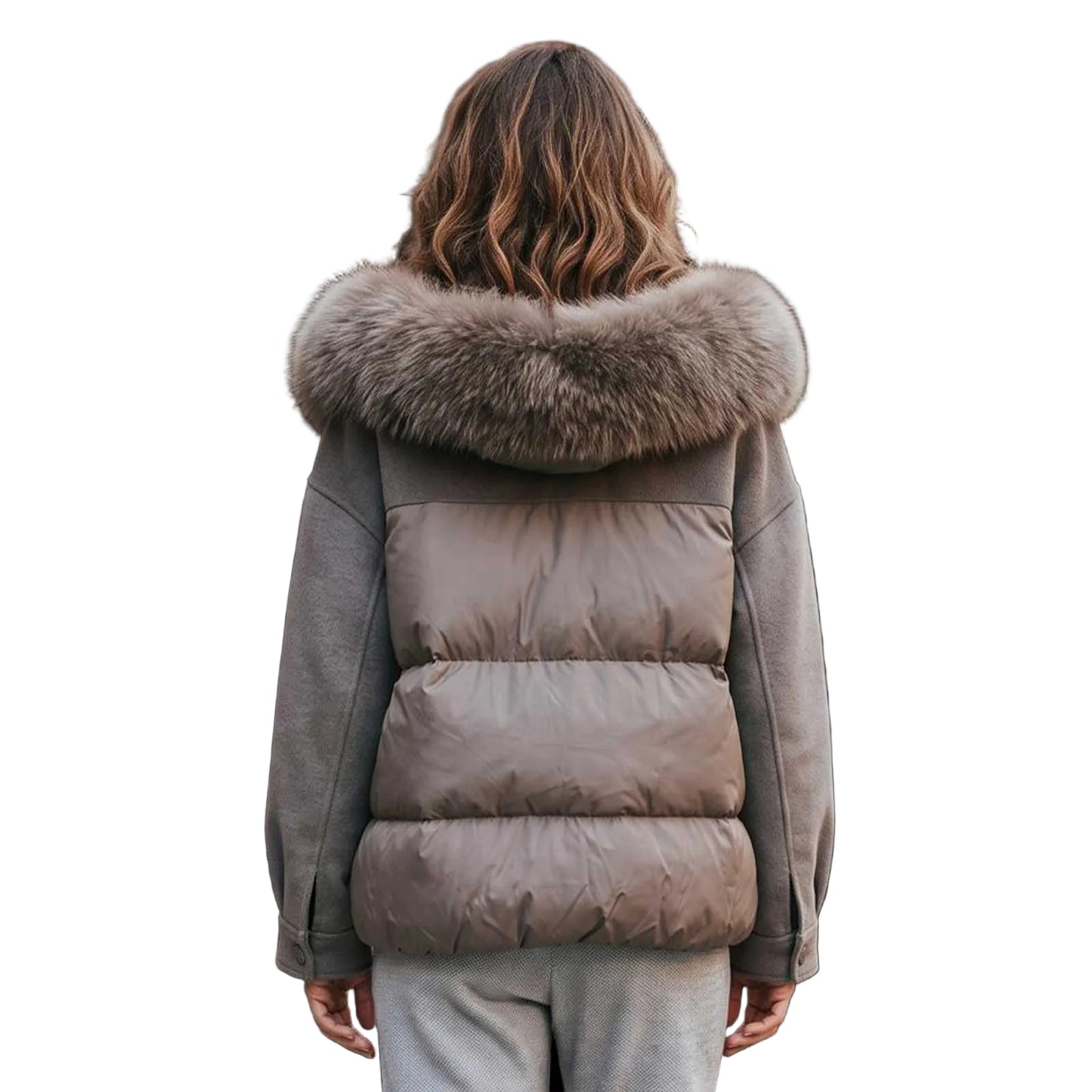  Back picture of woman wearing a Taupe Zip Jacket Cashmere & Nylon Suprema sold at Aqualta