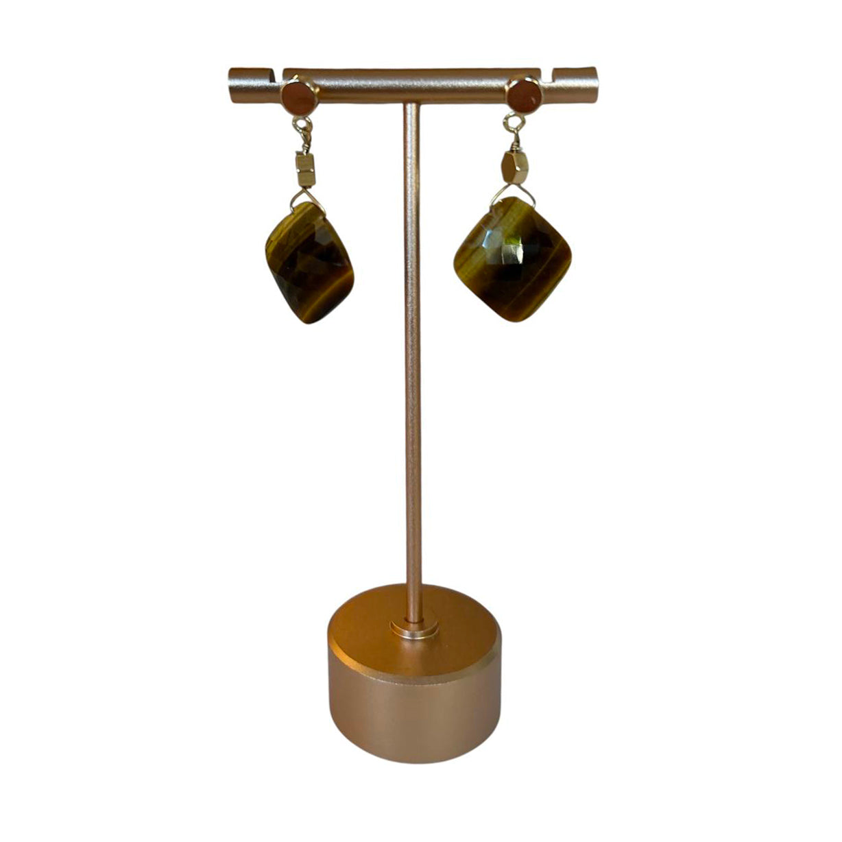 Exclusive Peggy Goodman dangle earrings with natural tiger eye stones, elegant handmade jewelry at Aqualta