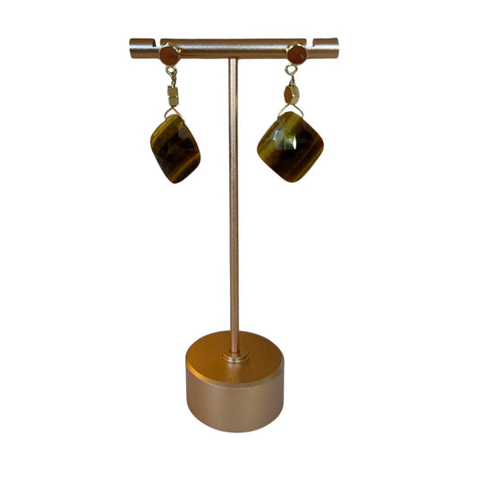 Exclusive Peggy Goodman dangle earrings with natural tiger eye stones, elegant handmade jewelry at Aqualta