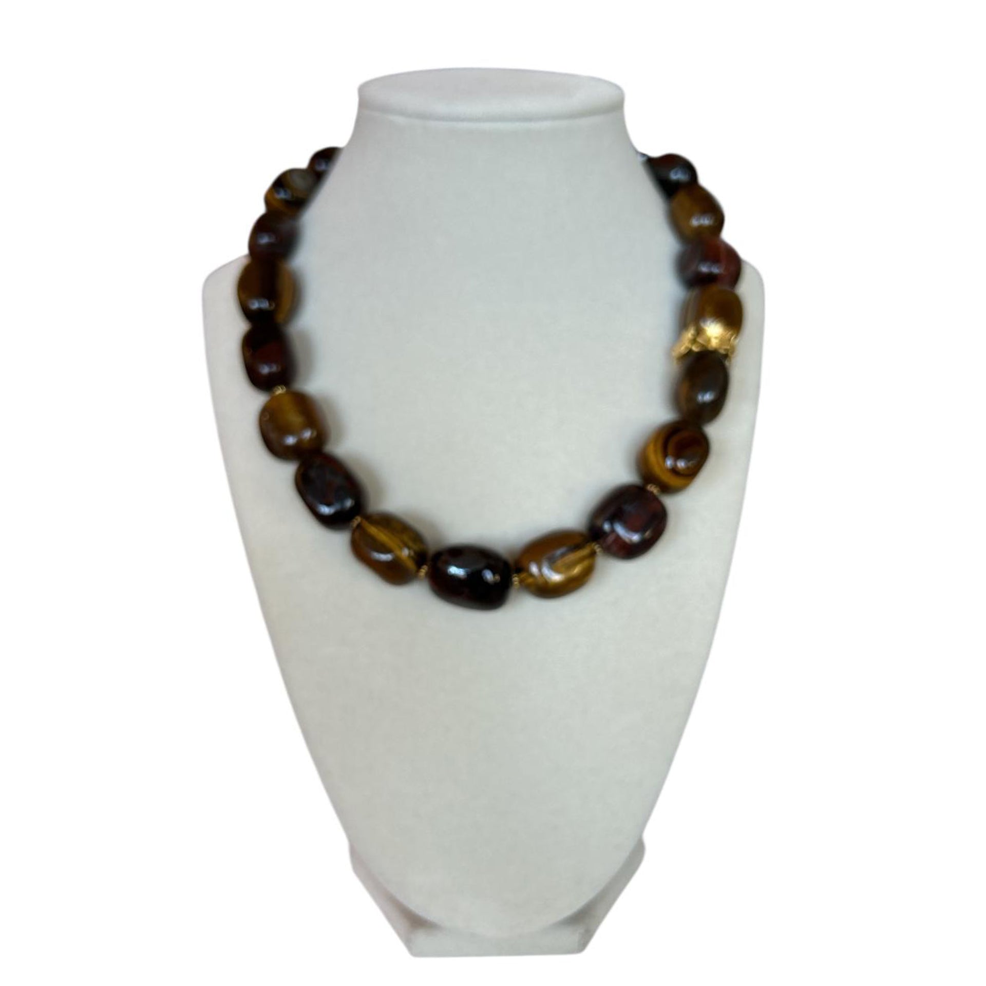 Handmade necklace by Peggy Goodman for Aqualta, featuring polished tiger eye gemstones with gold accents