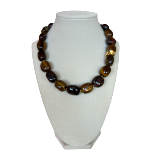 Handmade necklace by Peggy Goodman for Aqualta, featuring polished tiger eye gemstones with gold accents