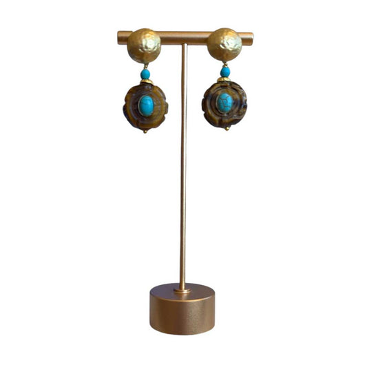 Peggy Goodman small earrings with tiger eye discs and turquoise center stones, available at Aqualta.
