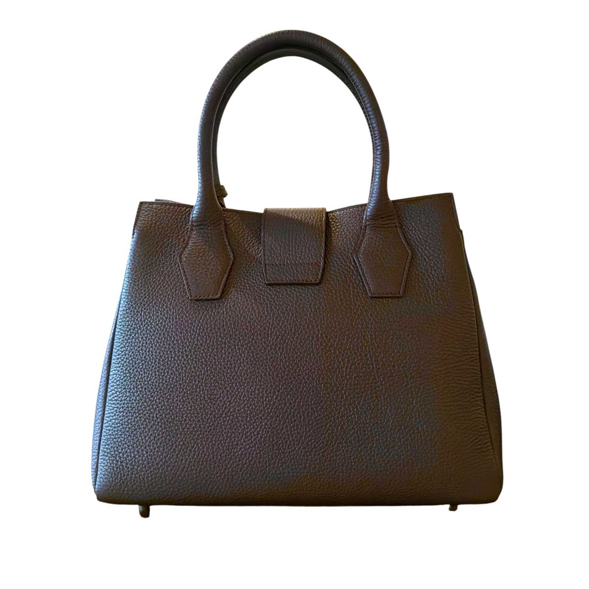 Back picture of our Top Handle Leather Satchel Bag brown Biagini sold at Aqualta