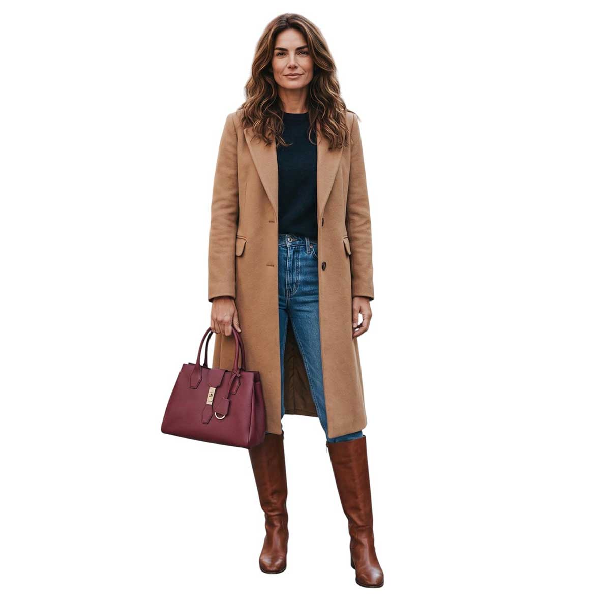 A woman wearing a Top Handle Leather Satchel Bag burgundy Biagini sold at Aqualta