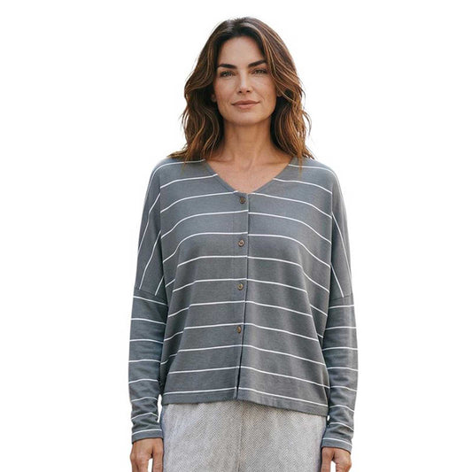 Woman wearing a gray striped long-sleeve top V-Neck Cardigan Stripes Neirami Sold at Aqualta